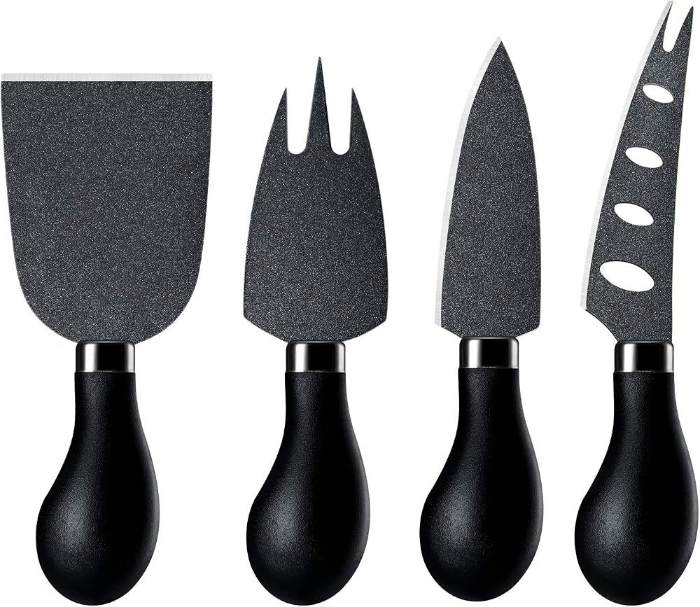 hecef 4-Piece Cheese Knife Set - Black Cheese Knife, Chisel & Forks