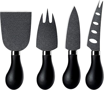 hecef 4-Piece Cheese Knife Set - Black Cheese Knife, Chisel & Forks