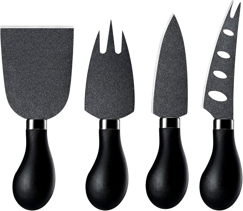 hecef 4-Piece Cheese Knife Set - Black Cheese Knife, Chisel & Forks