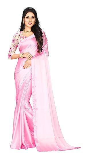 CHERRY FAB Womens Satin Silk Shiny Glamourous Draped Saree with Blouse