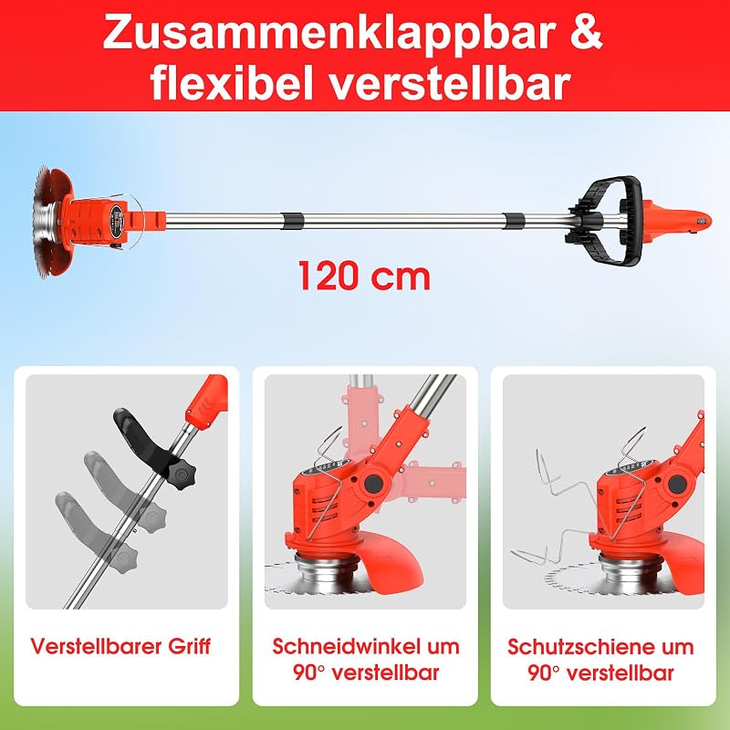 Akku-Rasentrimmer mit 2 * 21V Akku, 4 Messer, dreifach klappbarer Mäher, Rasenmäher, Akku-Gartenmäher für Rasen, Sträucher und Büsche. (Orange-FBA) — Foto 7 von 8