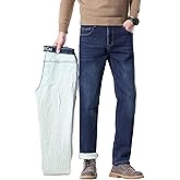 TENGINE Mens Fleece Denim Pants Winter Warm Skinny Slim Fit Jeans