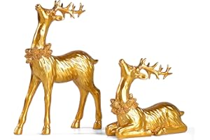 ZENSOUNDING 2PCS Christmas Deer Pendant Bedding and Standing Gold Deer Resin Home Decoration Suitable for Fireplace Living Room Dining Table Christmas Decoration (Golden)