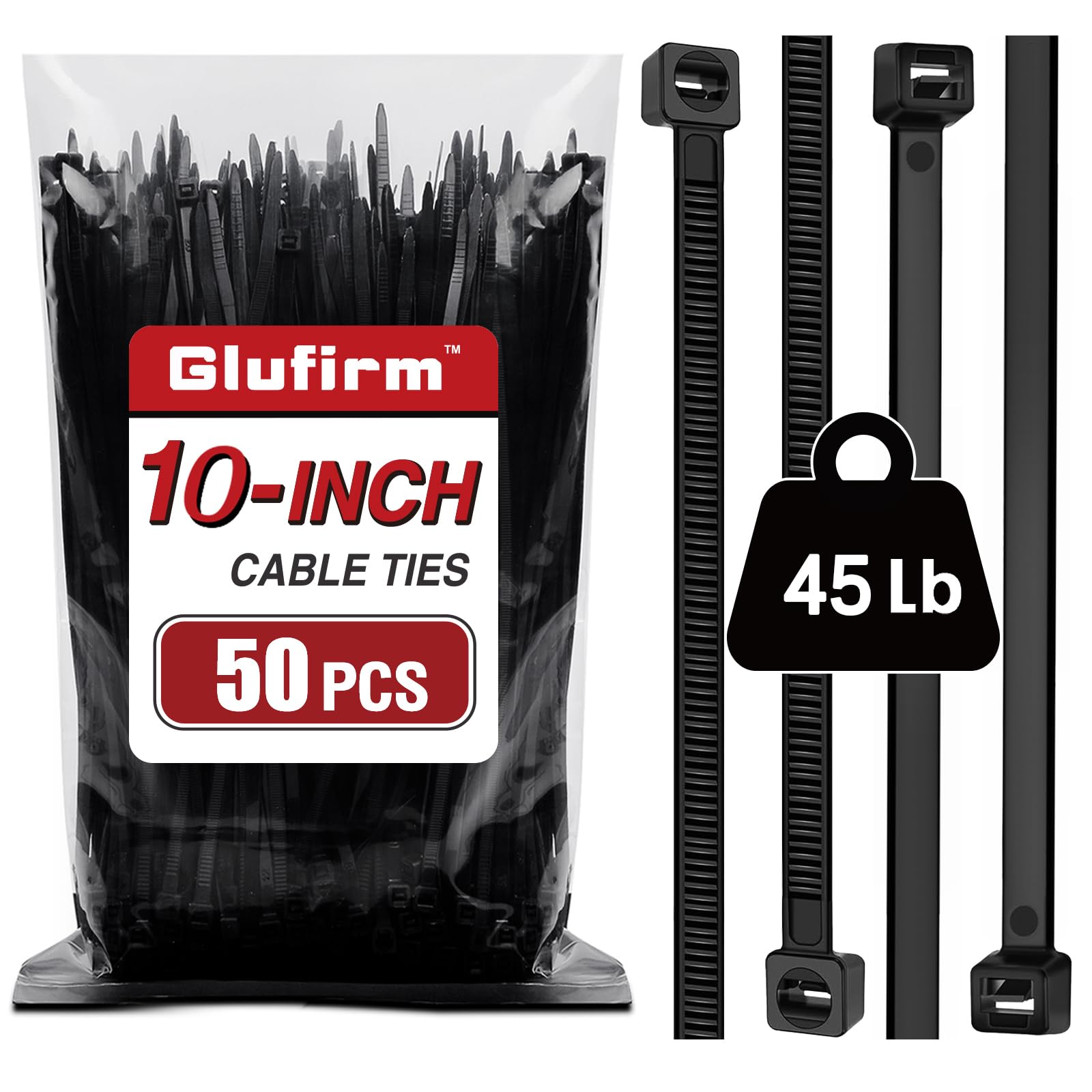 Zip Ties 10 inch (50 Pack), Black Cable Ties, 45lb Tensile Strength, Wire Ties, Glufirm