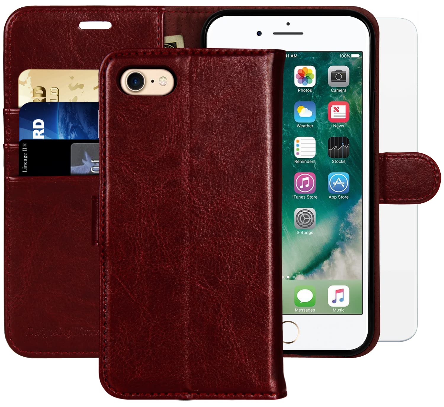 MONASAY iPhone SE 2022/2020 5G Case,iPhone 8 Wallet Case, iPhone 7 Case,4.7-inch, [Glass Screen Protector] Flip Folio Leather Cell Phone Cover with Credit Card Holder for Apple 7/8/SE2/SE3, Burgundy — image 1