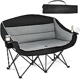 Double Camping Chair Loveseat - 2 Person Oversized Camping Couch for Adults Padded Heavy Duty Outdoor Lawn Beach Portable Folding XL Chairs with Cup Holders and Carry Bag Support 600lbs, Black/Grey