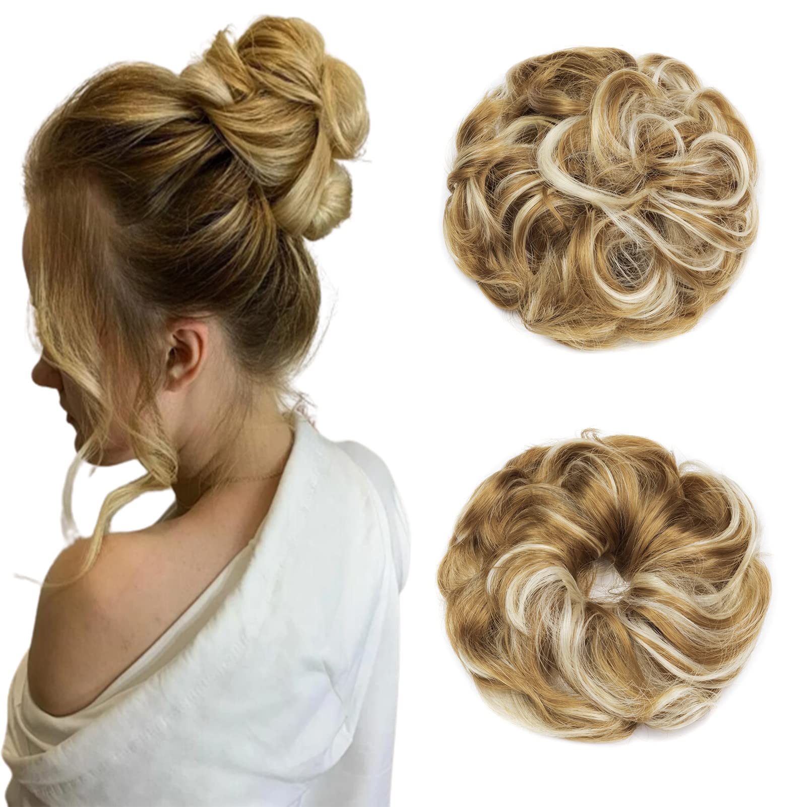 Cybelleza Messy Bun Hair Piece Wavy Curly Hair Scrunchies Thick Messy Hair Bun Updo Hairpiece Synthetic Ribbon Ponytail Extensions Donut Chignons Wavy Wig for Women Girls, 40g Blonde & Blonde — image 1