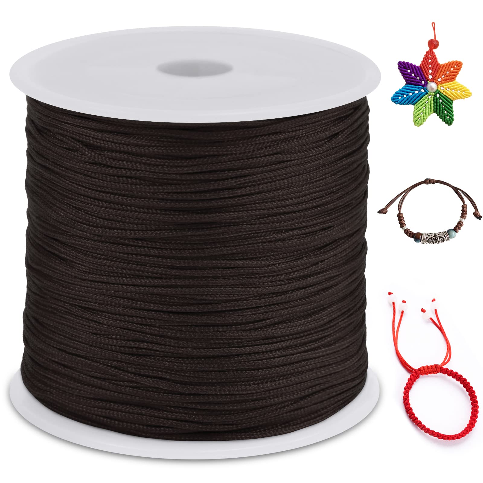LEREATI Nylon Cord 0.8mm x 100m, Satin Cord Nylon String Macrame Cord, Coloured Beading Thread String for Making Bracelet, Necklace, Chinese Knot, Jewellery (Coffee)