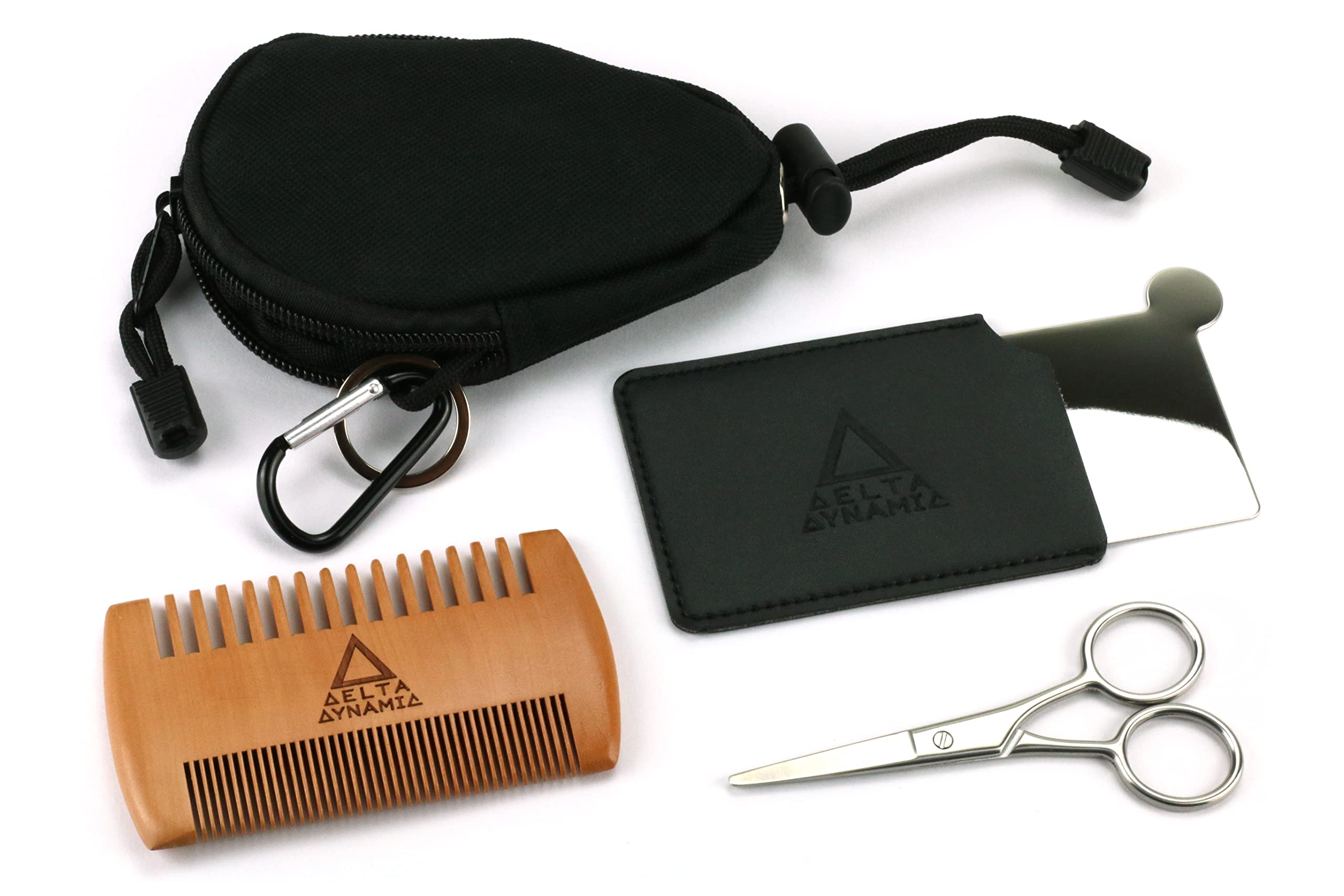 Compact Beard Grooming Kit - Travel Beard Care Set with Comb, Scissors & Stainless Steel Mirror, in a Pocket-sized Nylon Zip Pouch. UK-Made.