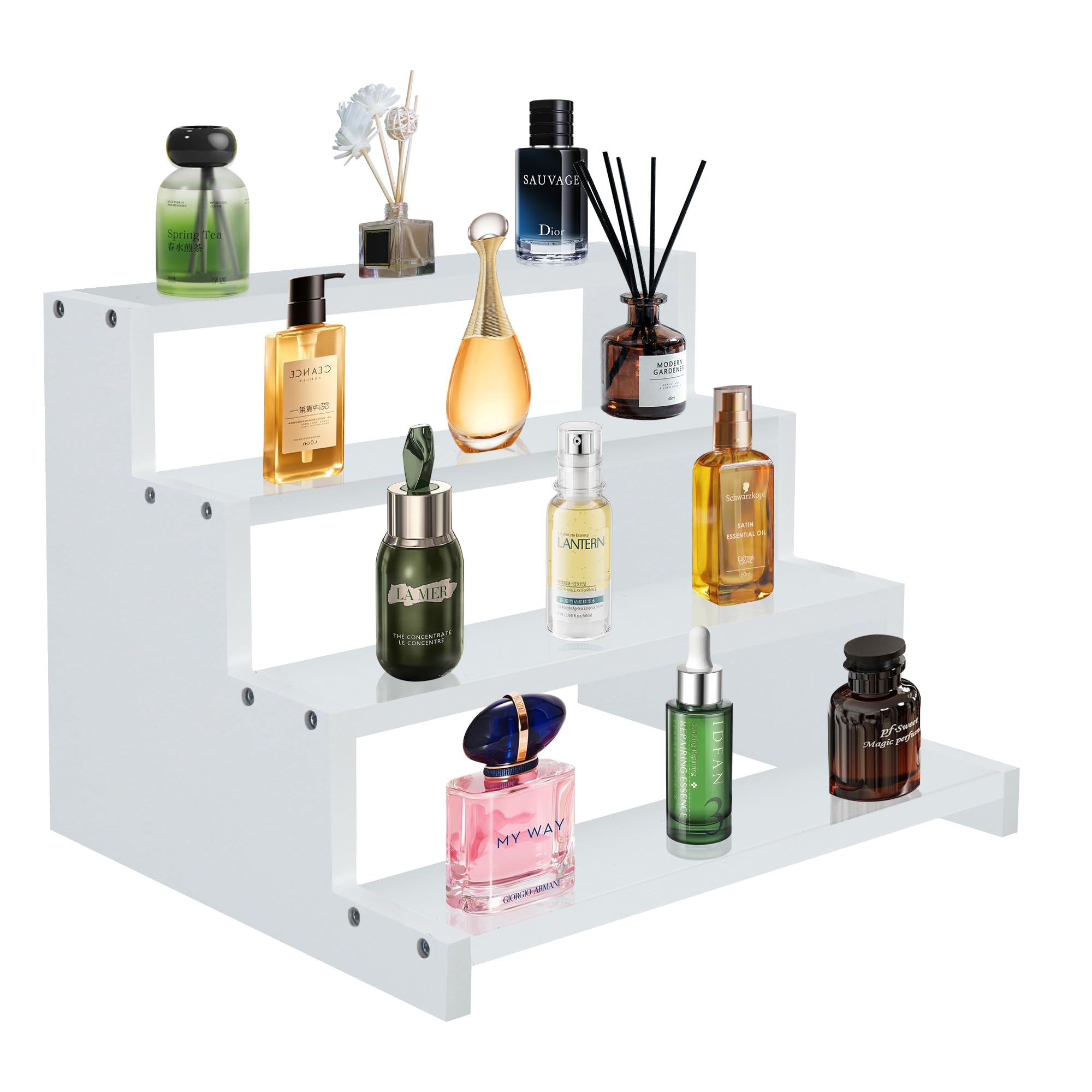 Photo 1 of Wooden Cupcake Stand 4 Tier White Cologne Stand Organizer Perfume Organizer For Women Bathroom Counter Holder for Dresser With Anti-Slip Washers Fragrance Stand For Party Makeup Figures Dessert Stones