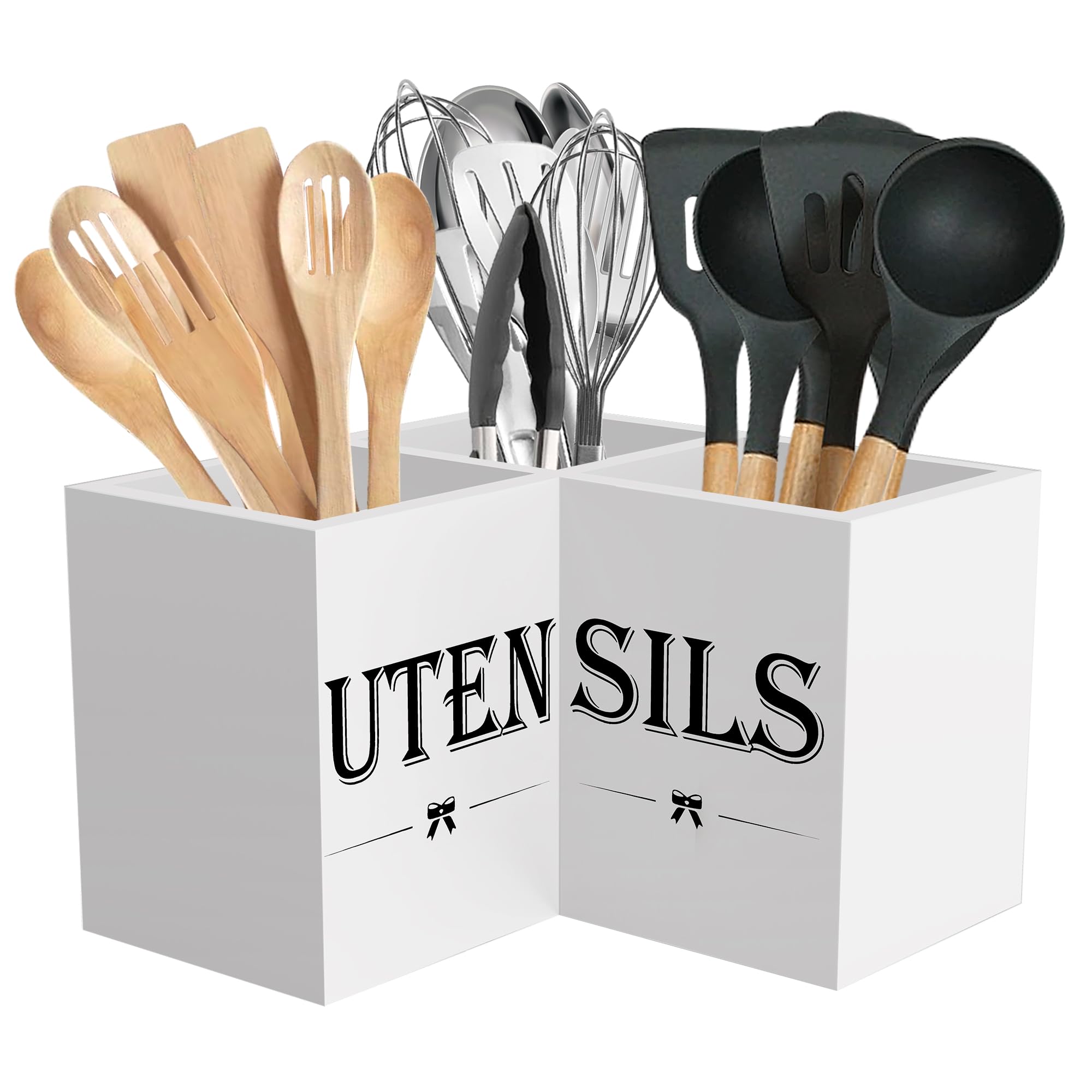 Photo 1 of Suli Extra Large Kitchen Utensils Holder with 3 Compartments,Corner Utensil Caddy for countertop,Wooden Utensil Organizer for Kitchen Countertop, Farmhouse Decor- White