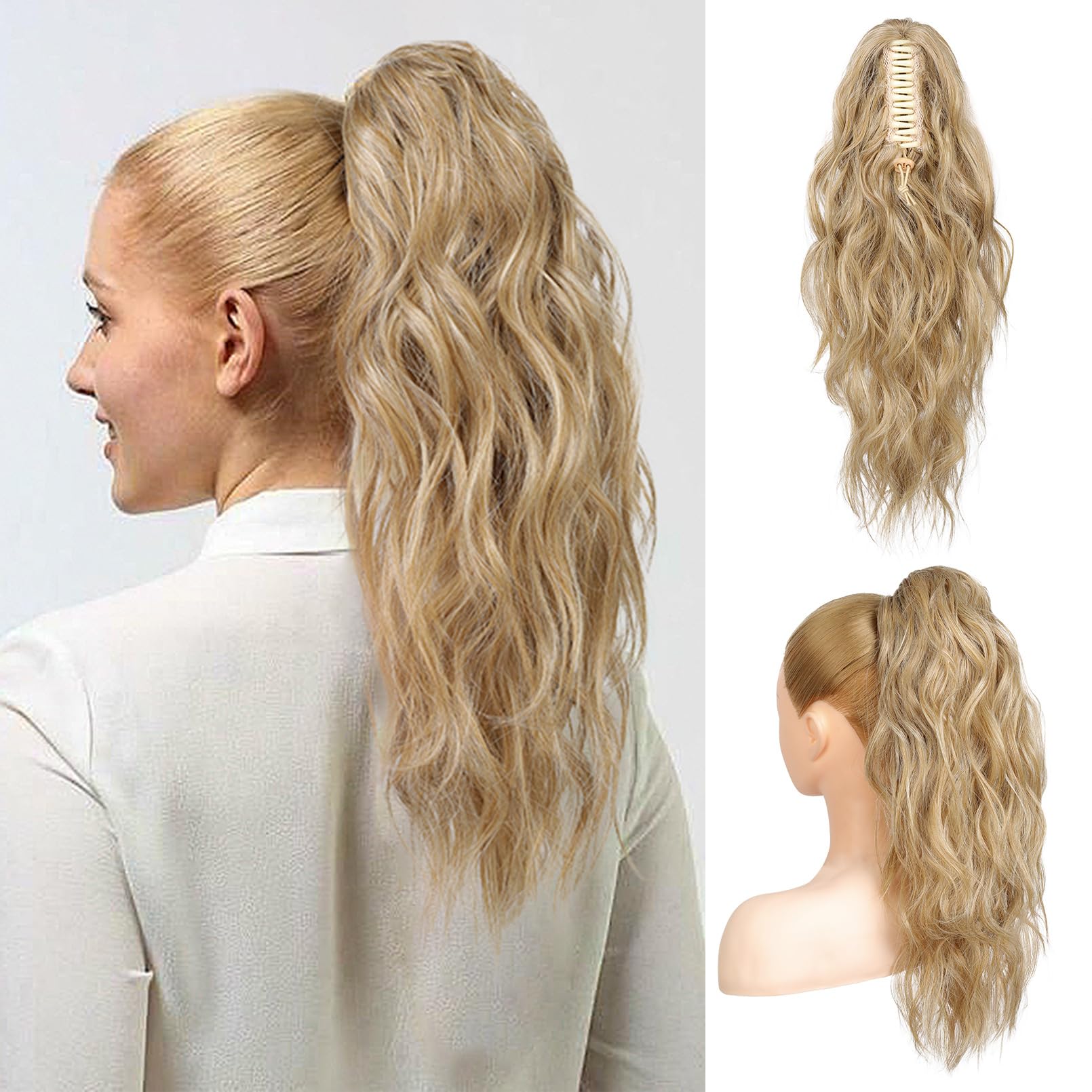 Photo 1 of Flufymooz Ponytail Extension, 18Inch Claw Clip Ponytail Extension, Wavy Curly Claw Clip in Ponytail Hair Extensions, Natural Fake Ponytail Synthetic Hairpiece for Women (Golden Blonde with Highlight)