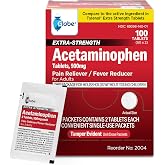 Globe Acetaminophen Tablets 500 mg, Extra Strength, 100 Count Packets | Pain Reliever Tablets, Fever Reducer, Single Use Packets, Easy Swallow Format, Travel Ready, Adult Use, 50 Packets
