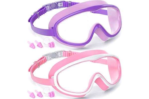 COOLOO Kids Swim Goggles for Age 3-15, 2 Pack Kids Goggles for Swimming with Nose Cover, No Leaking, Anti-Fog, Waterproof
