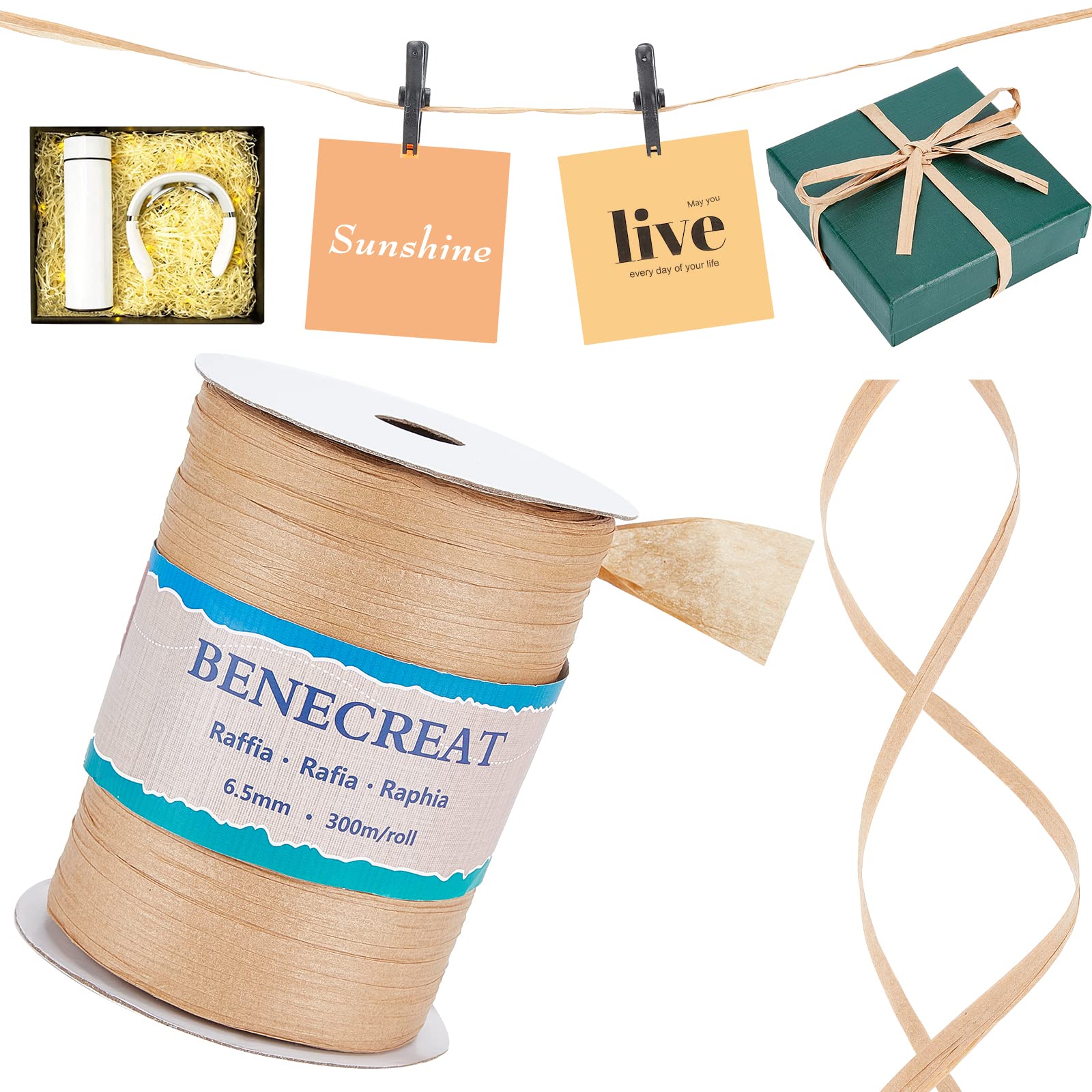 BENECREAT 300m/328 Yards 6.5mm Width Raffia Yarn Raffia Paper Craft Ribbon Packing Twine for Festival DIY Decoration and Weaving, Tan