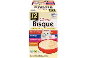 INABA Churu Bisque for Cats, Creamy Lickable Purée Side Dish with Vitamin E, 1.4 Ounces per Pouch, 12 Pouches, Tuna & Chicken Variety