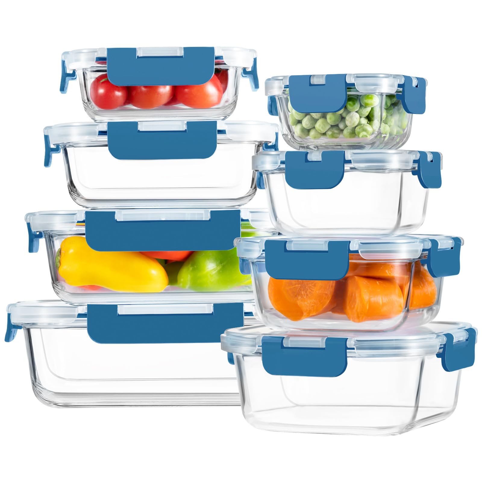 HOMBERKING 8 Pack Glass Food Storage Containers with Lids, Meal Prep Containers, Airtight Bento Boxes with Leak Proof Locking for Microwave, Oven, Freezer and Dishwasher, BPA Free, 5-35oz, Deep blue Image