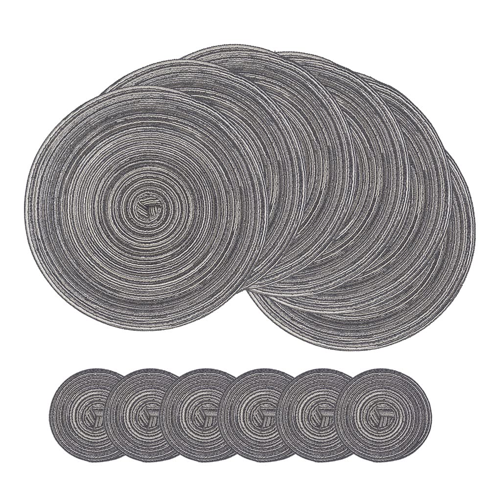 SCF2017 Round Woven 12Pcs Cotton Placemats, Heat Resistant Washable 30cm Table Mats and 11cm Coasters,Black
