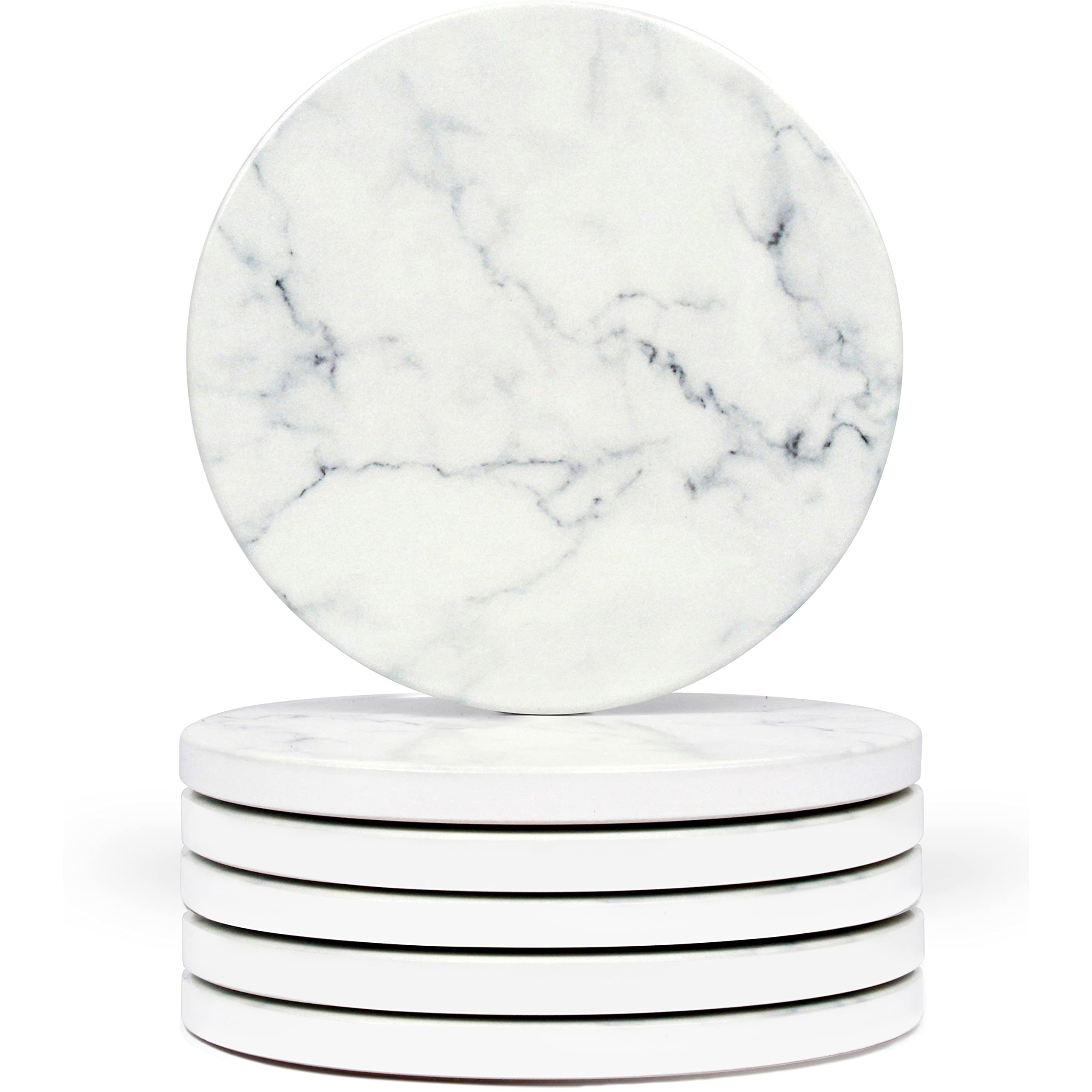 Naivasha Homeware Marble Coasters Set of 6 - Stunning Decorative Coasters in GLOSS Finish, Elegant Stone with Cork Bottom - White Marble