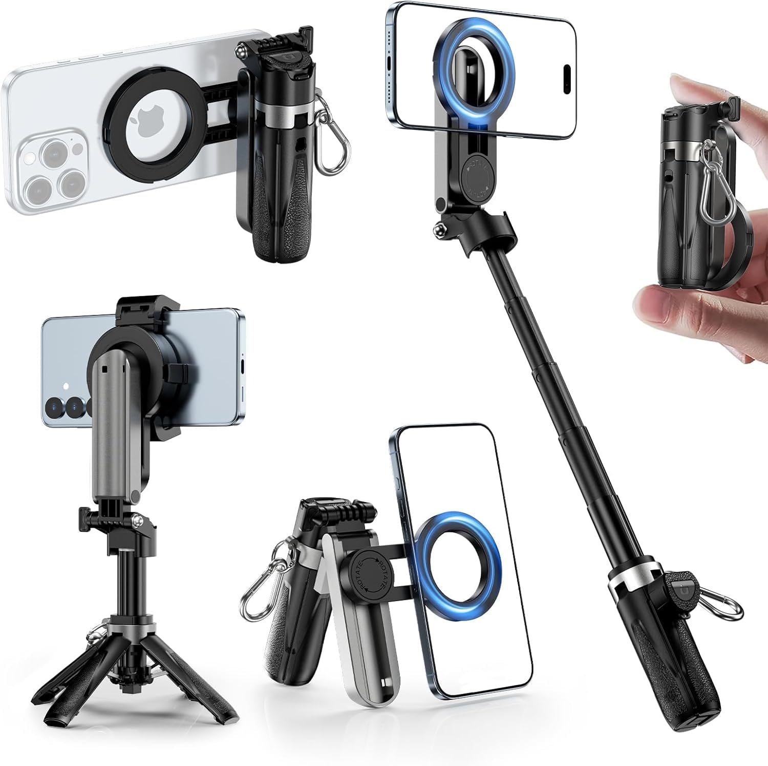 Photo 1 of CloudValley Magnetic Mini Selfie Stick Tripod, 4-in-1 Pocket Size Phone Tripod with 360° Rotation, Rechargeable Bluetooth Remote, Foldable Handle Grip, Compatible with MagSafe iPhone for Photo/Video