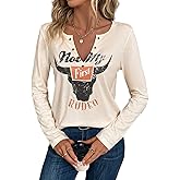 SODSHY Women's Cowboy Shirt Country Concert Outfit Cute Western Graphic Tee Casual Notched Neck Long Sleeve Top