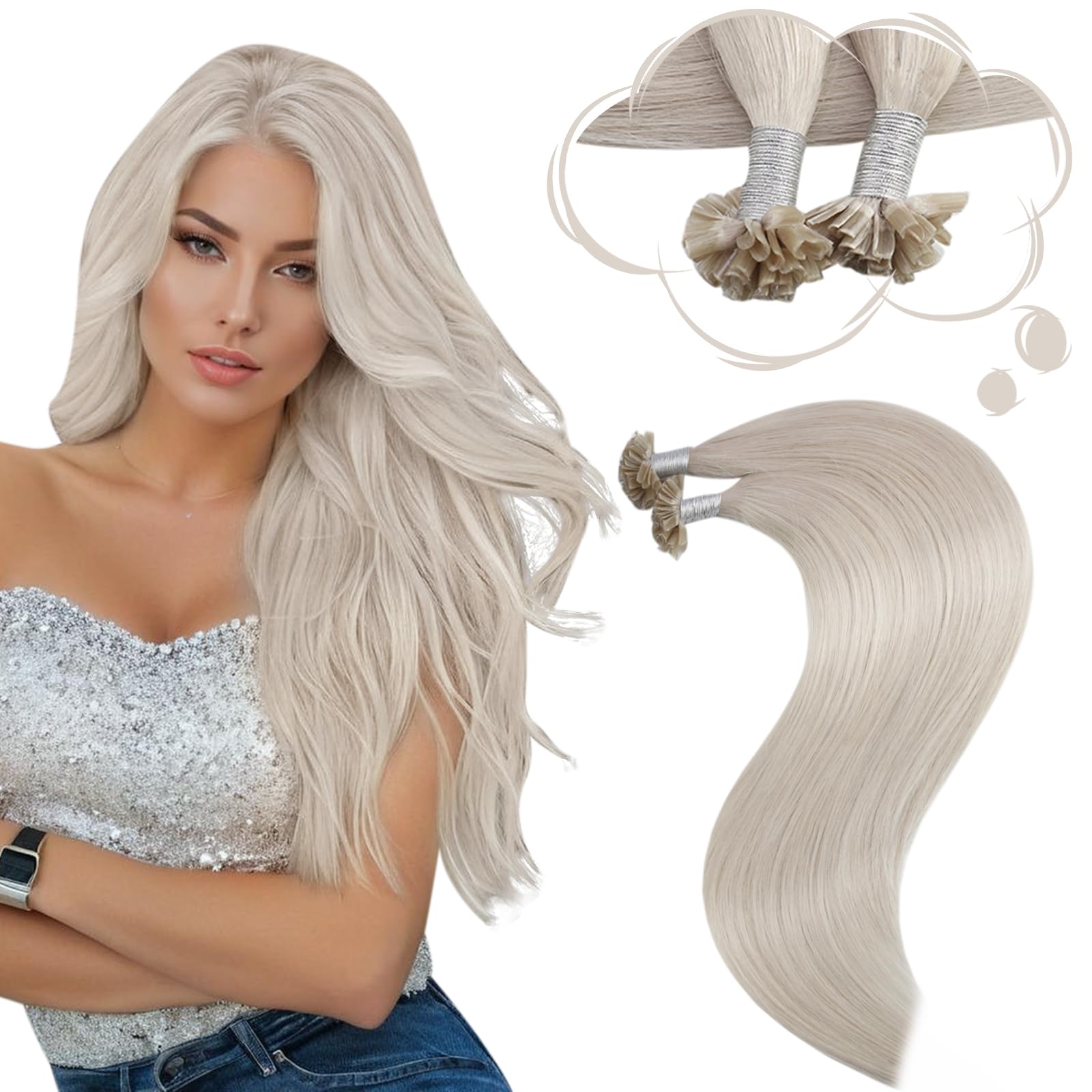 Moresoo U Tip Hair Extensions Real Human Hair Blonde 24 Inch Hot Fusion Pre Bonded Hair Extensions White Blonde 1g/s 50s 50g/Pack #60A — image 1