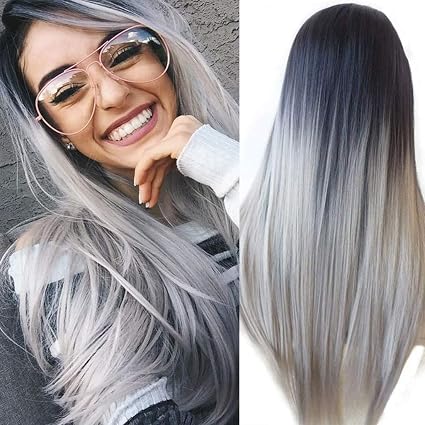 Atayou Wig 2 Tonos De Variación De Color Longitud Media Larga Sintéticas Pelucas Mujer Negro Gris Degradado