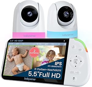 Babysense Full HD Split-Screen-Babyphone mit 2 Kameras, Nachtlicht in 6 Farben, Geräusch- & Lichtmaschine, 20-Stunden-Akku, abhörsichere Verbindung ohne WLAN