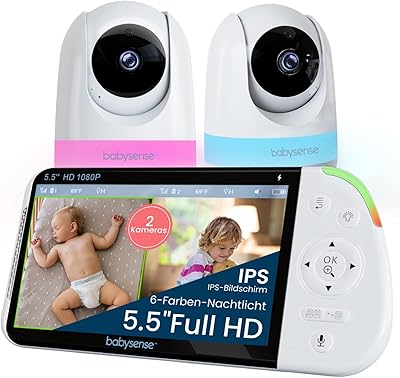 Babysense Full HD Split-Screen-Babyphone mit 2 Kameras, Nachtlicht in 6 Farben, Geräusch- & Lichtmaschine, 20-Stunden-Akku, abhörsichere Verbindung ohne WLAN