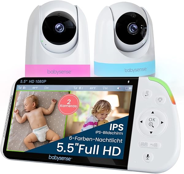 Babysense Full HD Split-Screen-Babyphone mit 2 Kameras, Nachtlicht in 6 Farben, Geräusch- & Lichtmaschine, 20-Stunden-Akku, abhörsichere Verbindung ohne WLAN