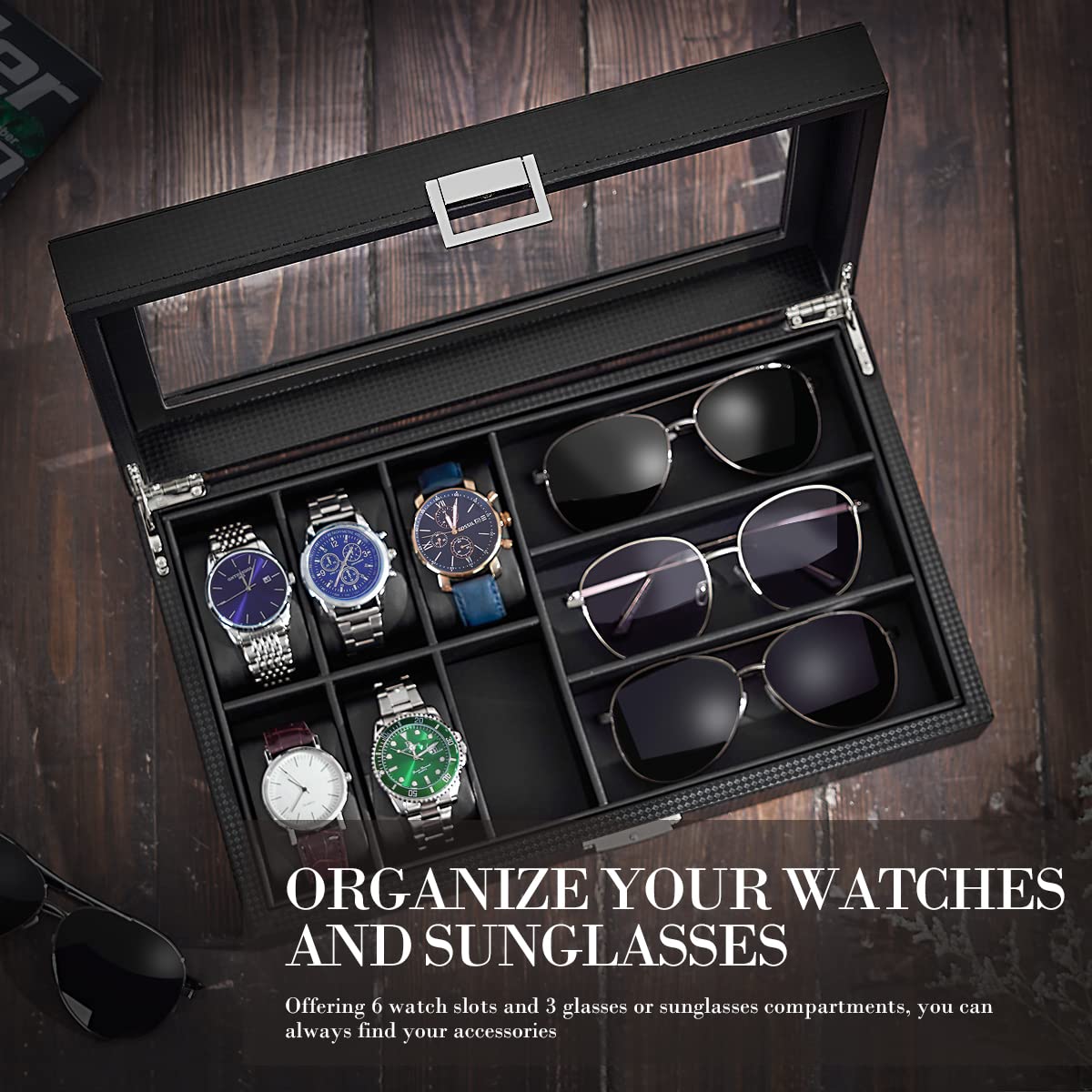 BEWISHOME Watch Box 6-Slot Watch Case and 3-Slots Sunglasses Box for Men, Sunglasses Storage with Large Glass Lid, Jewelry Box for Men Women Black SSH18C