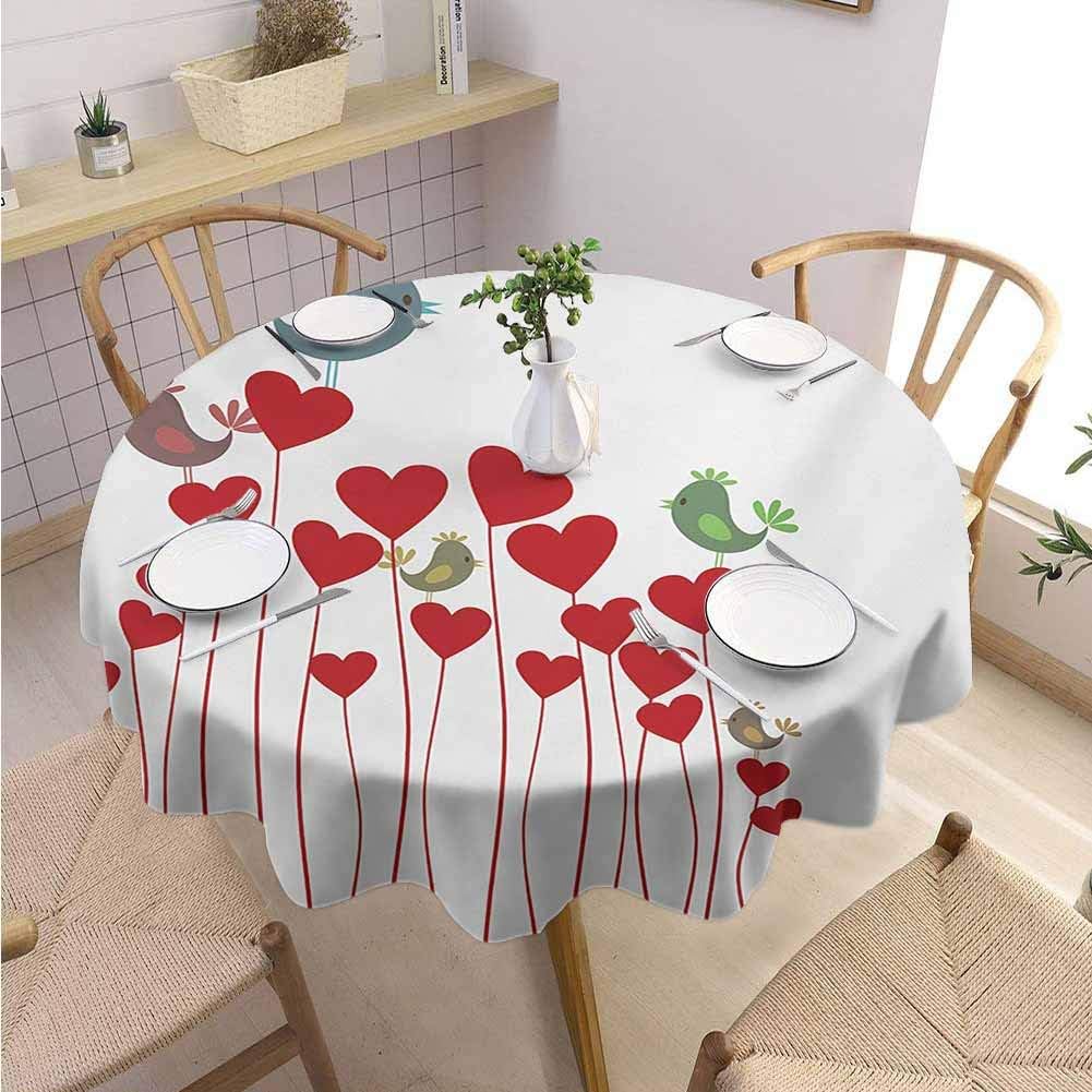 DILITECK Love Pad Round Tablecloth Bird Sings Sitting Hearts Twitting Springtime Garden Valentines Picnic Diameter 60" Ruby Cadet Blue Green Mauve