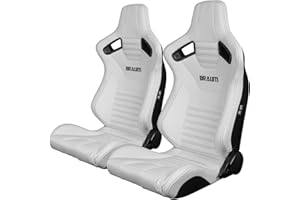 BRAUM Elite-X Series Racing Seats – White Leatherette with Black Stitching – Reclining Seat Set with Carbon Fiber Backing – Set of 2 (BRR1X-WHBS)