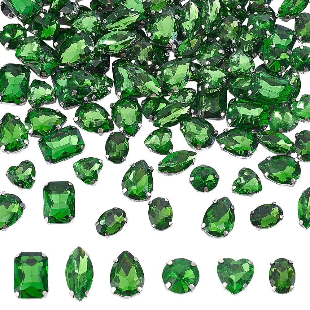 AHANDMAKER 120Pcs Sew on Rhinestone Mixed Shapes Glass Rhinestones, Sew on Glass Gems Metal Back Prong Setting Sewing Claw Rhinestone for Clothes, Shoes, Bag, DIY Crafts Jewelry Making(Fern Green)