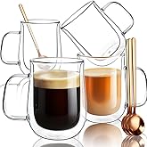 COMOME Double Walled Glass Coffee Mugs 16 OZ, Borosilicate Glass Coffee Cups Set of 4 with Spoons, Insulated Clear Coffee Mug for Hot Beverages, Cappuccino, Latte, Tea Bag.