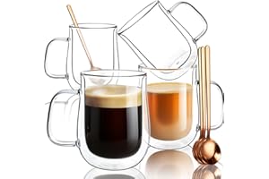 COMOME Double Walled Glass Coffee Mugs 16 OZ, Borosilicate Glass Coffee Cups Set of 4 with Spoons, Insulated Clear Coffee Mug