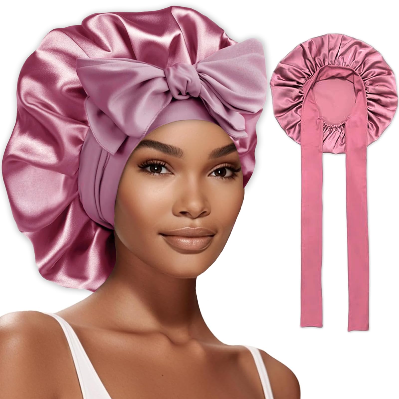 NICECONE Large Satin Bonnet Silk Bonnet for Sleeping, Silky Sleep Cap with Elastic Tie Jumbo Sleeping Cap with Adjustable Wide Soft Bands Night Cap for Women Girls Curly Hair (Dark Rose Gold)