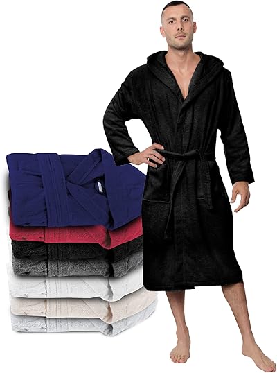 Twinzen Bademantel Herren - XS, S, M, L, XL, XXL, XXXL - 100% Baumwolle (350g/m²) OEKO-TEX® Zertifiziert - Bademantel mit Kapuze, 2 Taschen, Gürtel