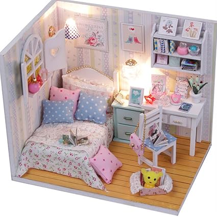 Fancyku Girls Mini Wooden Dollhouse DIY Kit with Furniture Lamp Household Display Decoration, 8 X 15 X 8cm (SW}OH9206)