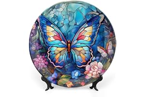 Decorative Plates, Stained Glass Design Colorful Butterflies Ceramic Dinner Plate Home Wobble-Plate with Display Stand, Wall 