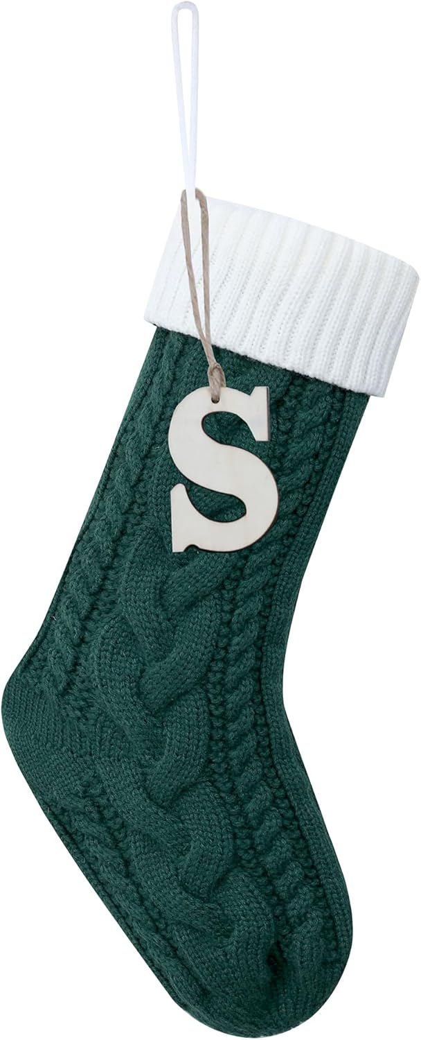 Stockings & Holders - Sxmder 19 Inches Personalized Green Cable Knitted Christmas Stockings, Large Knitted Christmas Stockings with Wooden Letter Tag for Holiday Christmas Party Family Decor (Letter S)