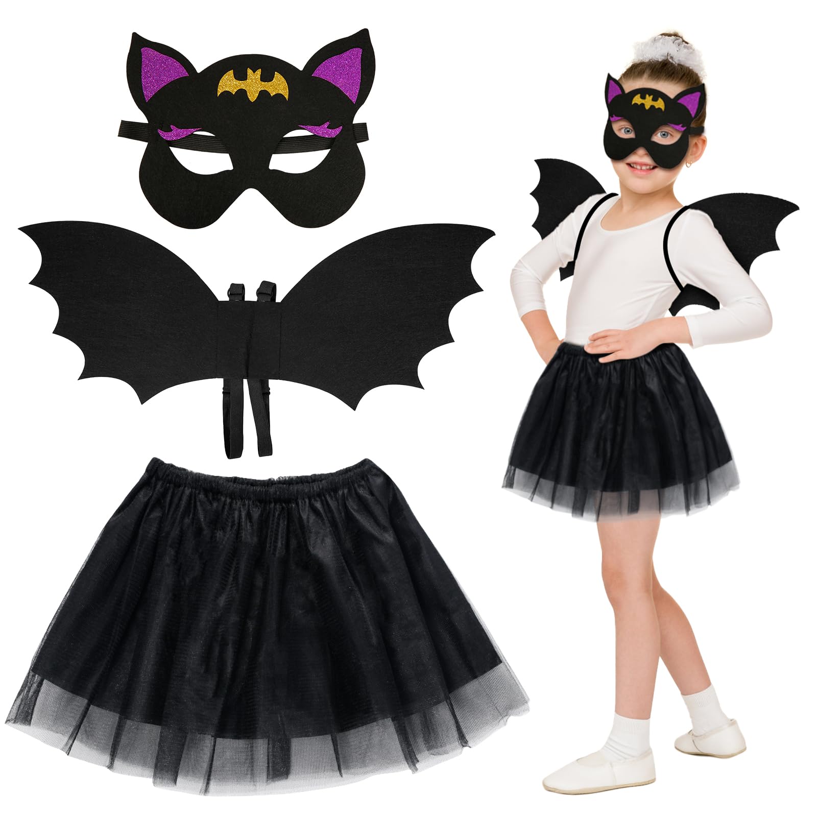 HONMOK 3 Piece Girls Black Bat Halloween Costume, Vampire Fancy Dress Outfit Include Tutu Skirt & Eyemask & Bat Wings, for 3-10y Kids Halloween Costume Cosplay Accessories