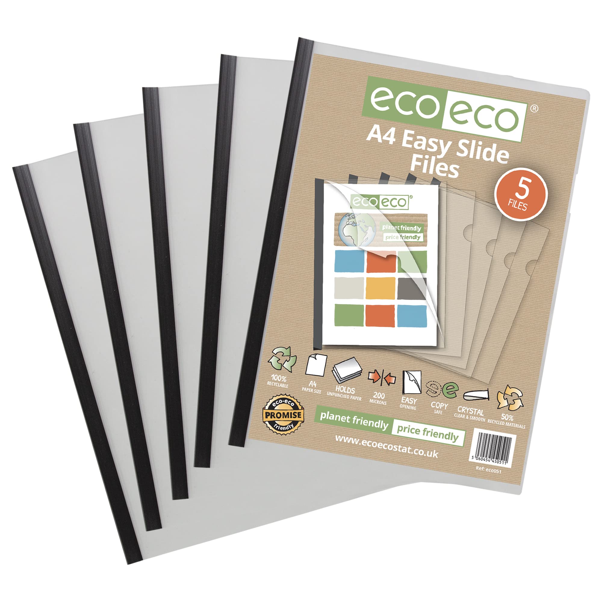 eco-eco A4 50% Recycled Bag 5 Easy Slide Files, Clip bar Project Report Files, eco051, Black