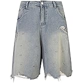 FantasyGears Frayed Hem Denim Jorts Rhinestone Application Summer Baggy Denim Shorts Wide Leg Loose Fit Wash Crystal Jeans