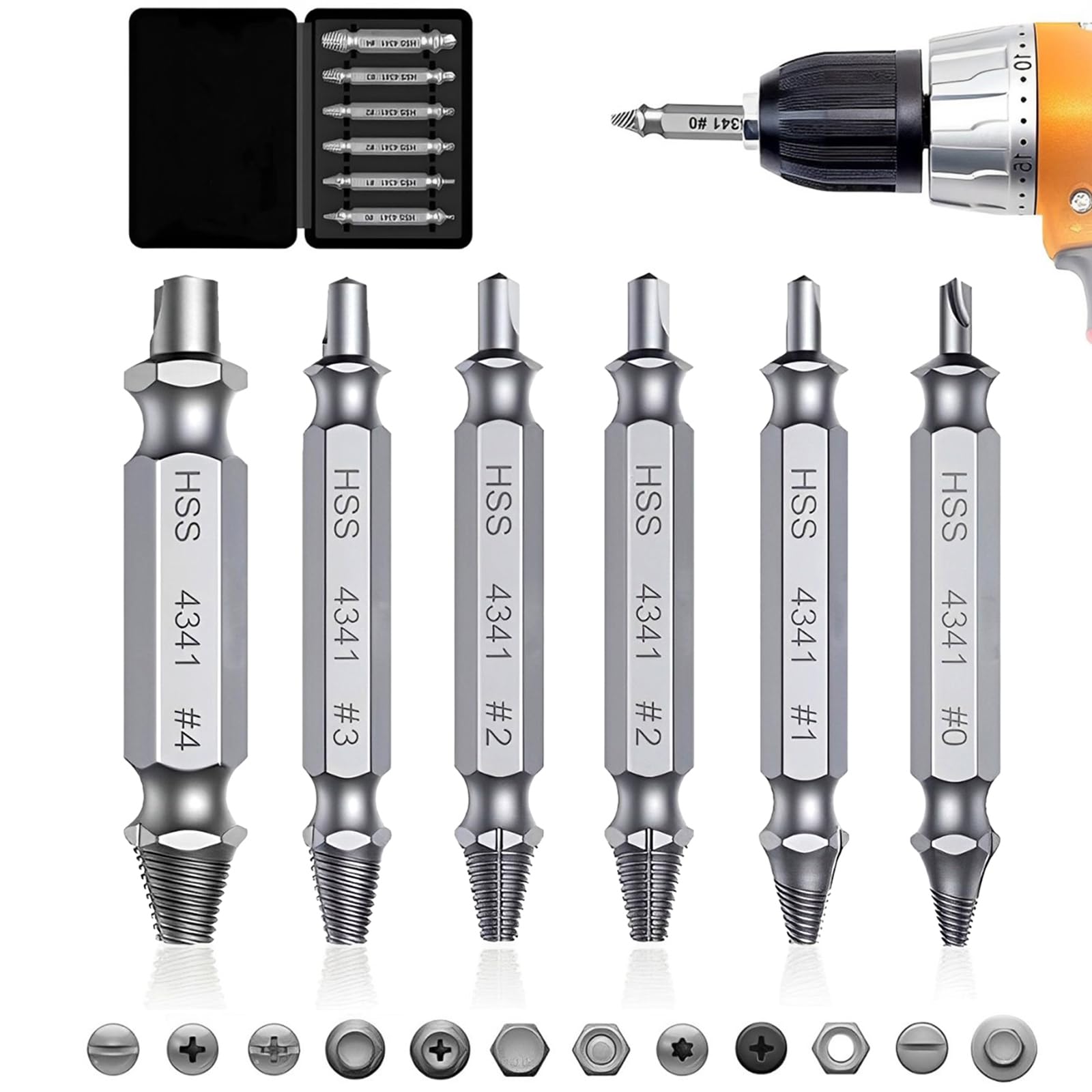 CeyMlem Damaged Screw Extractor, Split Screw Extractor, Set of Tools for Removing Bolts, 6 Pieces, Extension and Adapter for Removing Peeled/Broken Screws