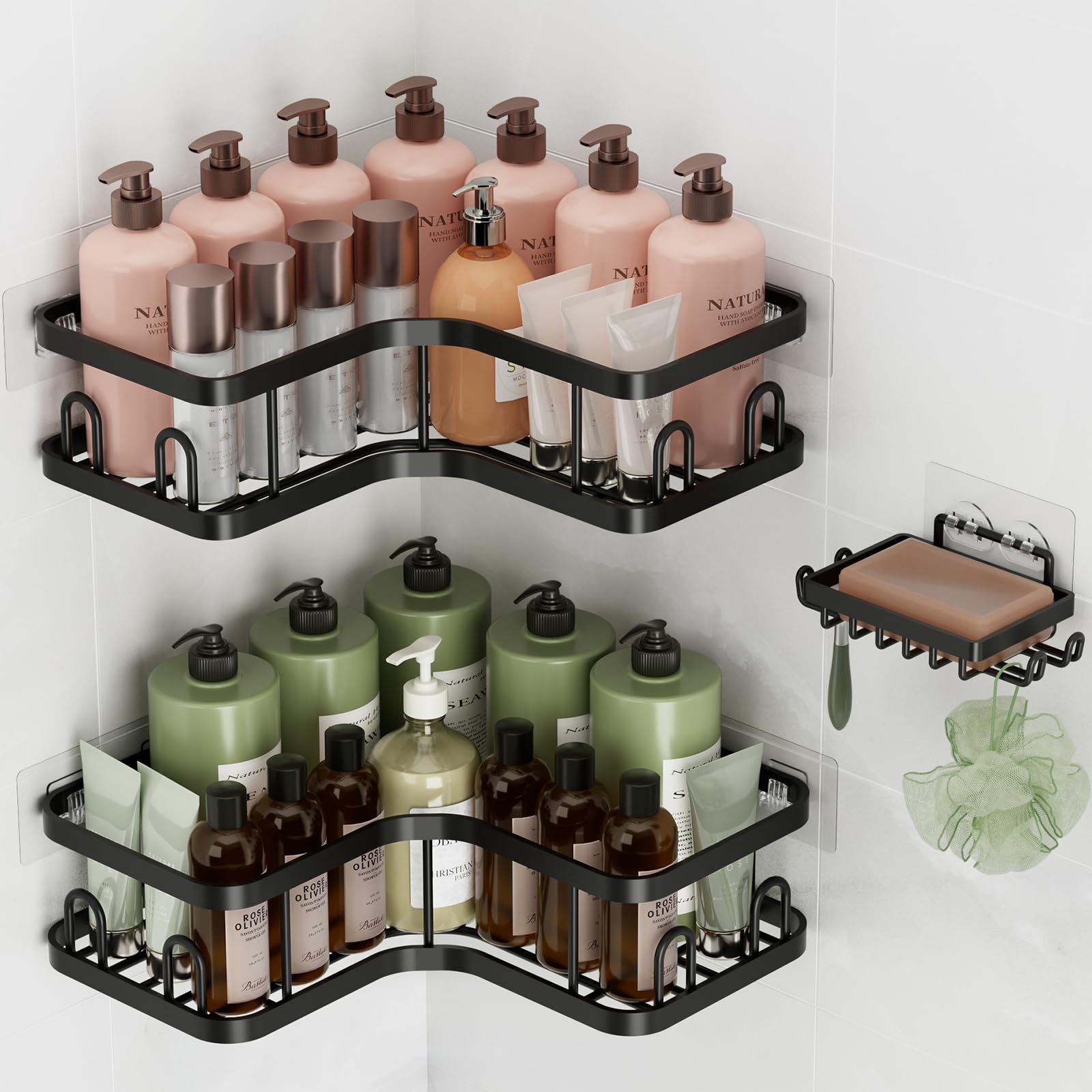 Veken Corner Adhesive Shower Caddy 3-Pack with Soap Holder&Hooks,No Drilling Shower Shelves,Rustproof & Waterproof Bathroom Organizers and Storage,Rack for Small Spaces, Kitchen&Rental-Friendly,Black