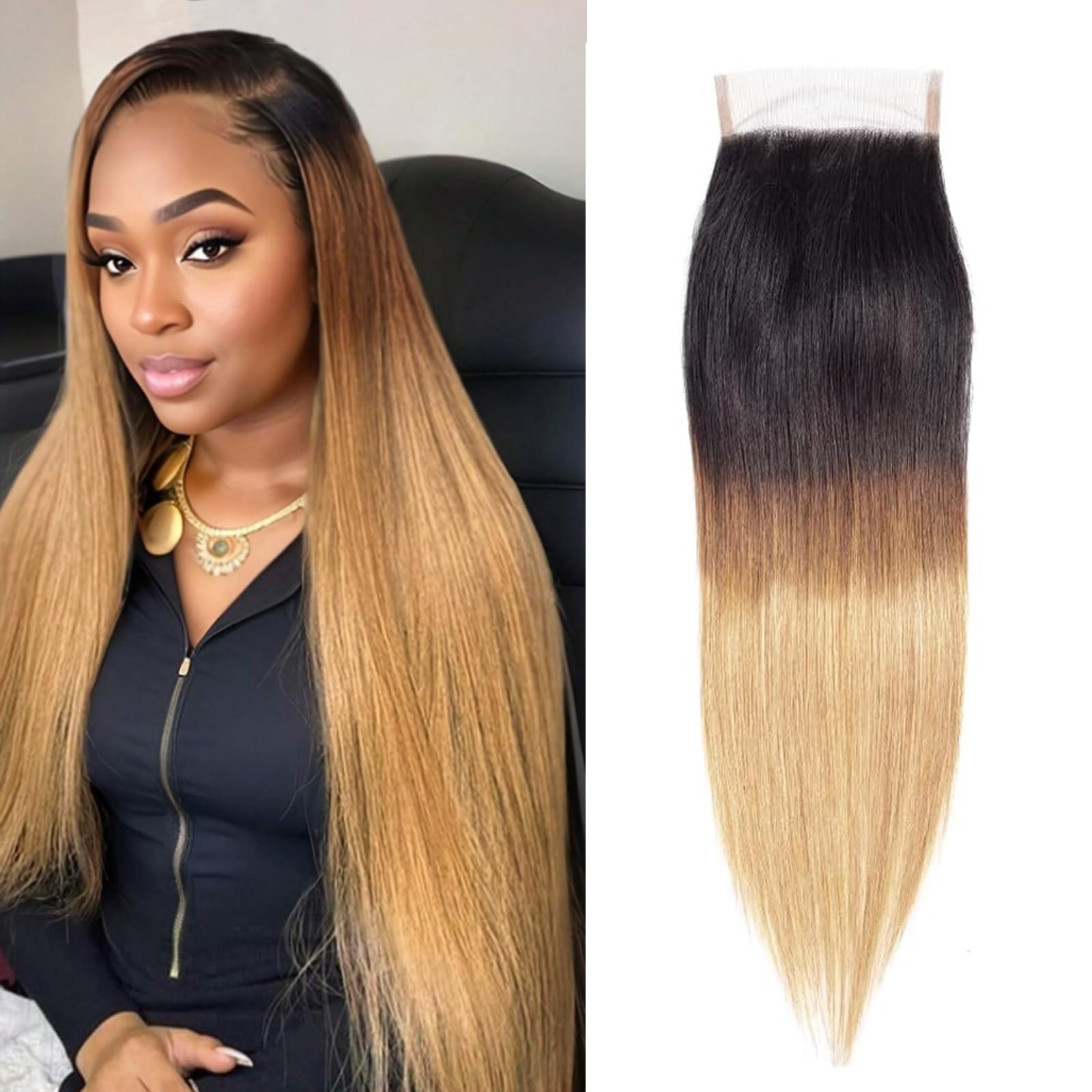4X4 Transparent Lace Closure Straight Human Hair 1B/4/27 Two Tone Brown Mix Blonde 150% Density Pre Plucked Hairline 12 Inch