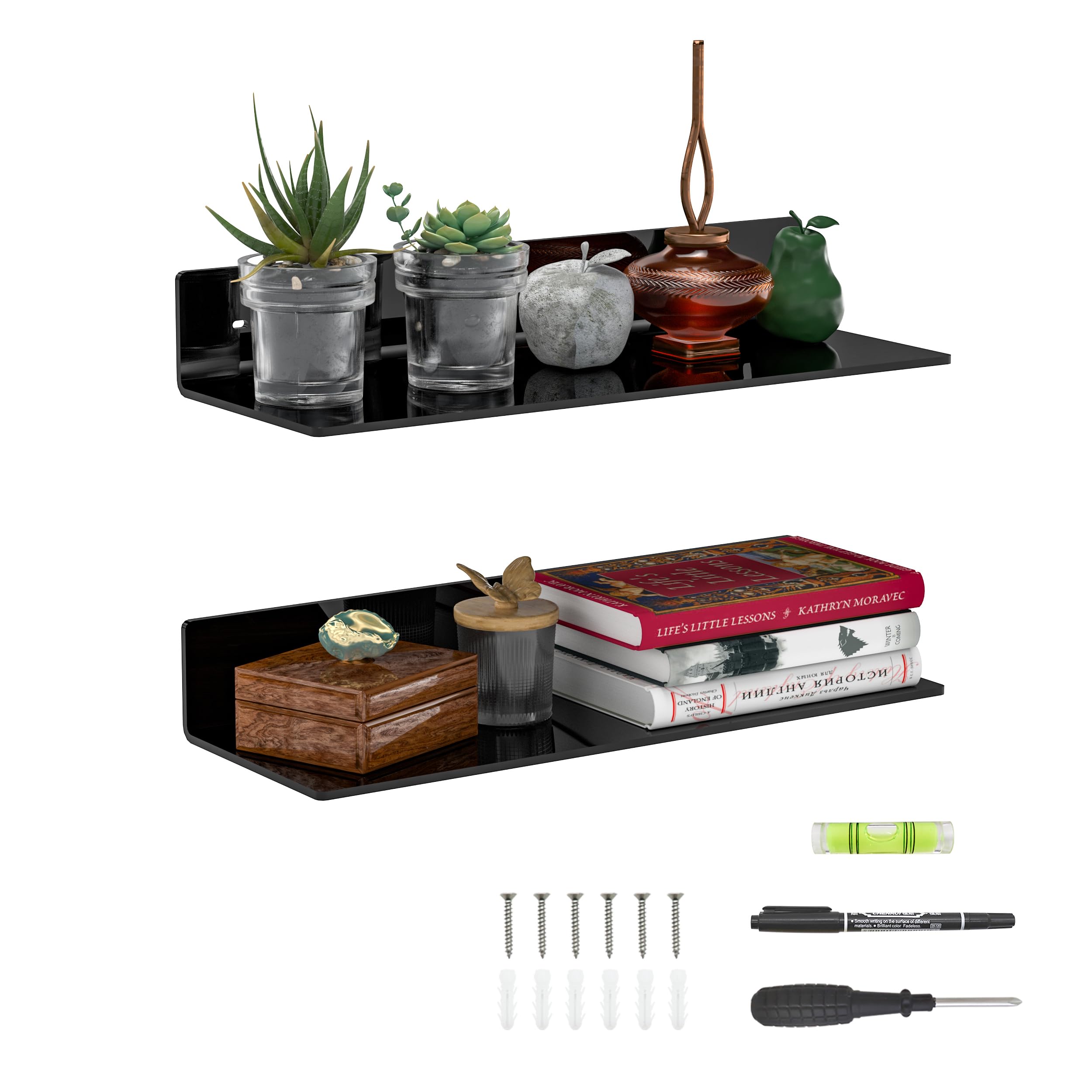 Sezanrpt 15 Inches Black Acrylic Wall Shelves 2 Pack - L Shape Floating Corner Shelf for Wall Décor, Model Car, Candle, Calendar, Towel and Tissue