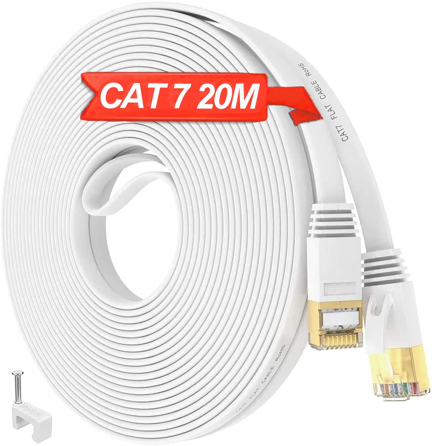Internet Cable 20m, Ethernet Cable 20m Cat 7 Flat White, Shielded RJ45 Network Cable High Speed 10Gbps 600MHz, FTP LAN Cable Waterproof Outdoor Indoor Long Broadband Patch Cord for Router (20 Clips)