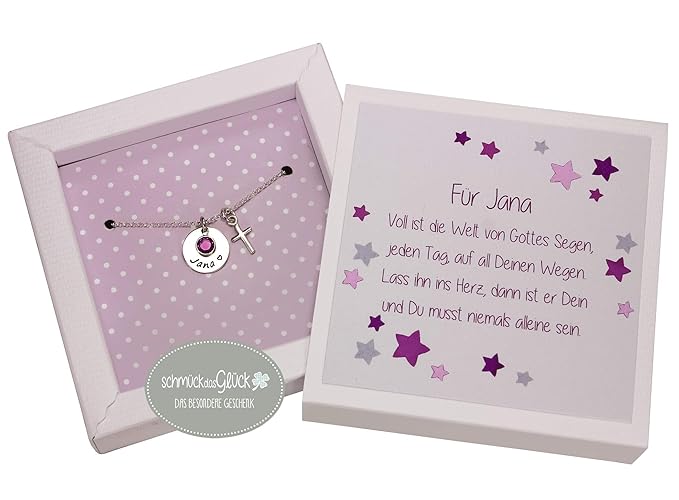 Taufkette Kreuz 925 Silber mit Gravur Geburtsstein und Geschenkbox Schmuck Geschenk Patenkind Kette Mädchen Kinder Taufe Komm